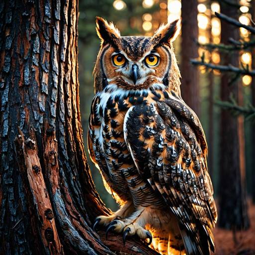 Great Horned Owl in Pine Forest at Twilight