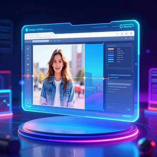 Digital display of a smiling woman with long brown hair and denim jacket on a glowing neon-blue and purple illuminated surface.