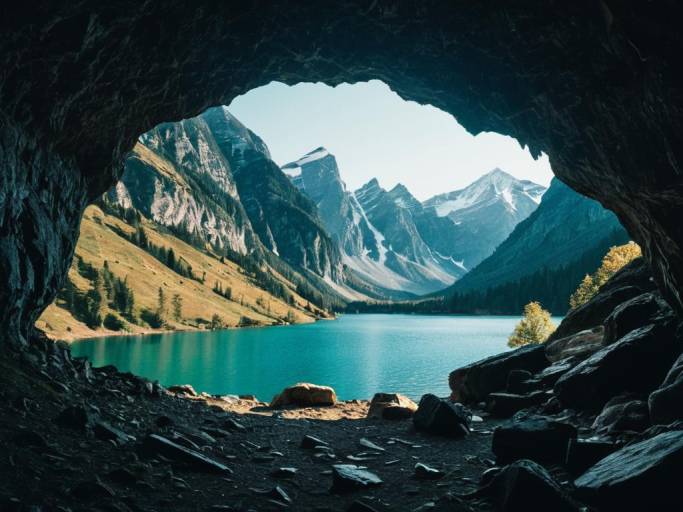 Enchanting Cave View of Mountain Lake