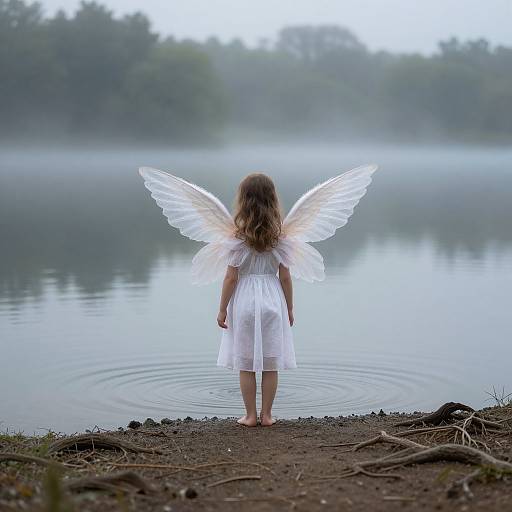 Photograph of a young girl with white angel wings, wearing a white dress, standing barefoot at a misty lake's edge.