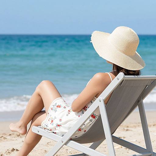 Photograph of a woman in a white floral dress and wide-brimmed straw hat, relaxing on a beach chair, facing the ocean.