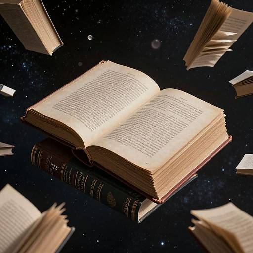 Photograph of an open, glowing book floating in space, surrounded by flying, illuminated pages against a starry black background.