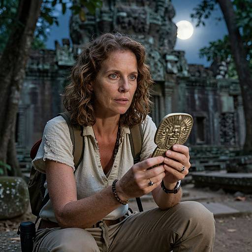 Photograph of a curly-haired woman with a white shirt and beige pants, examining a gold artifact in a moonlit ancient temple ruin.