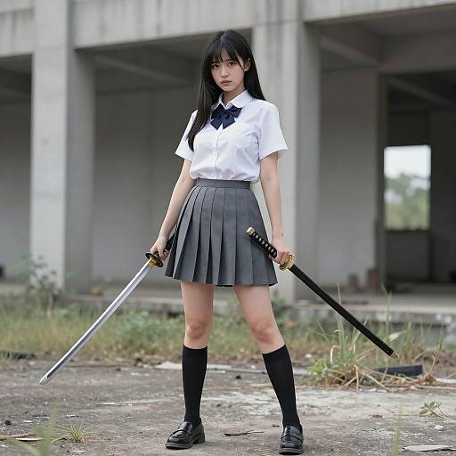 Intense Asian Woman in School Uniform