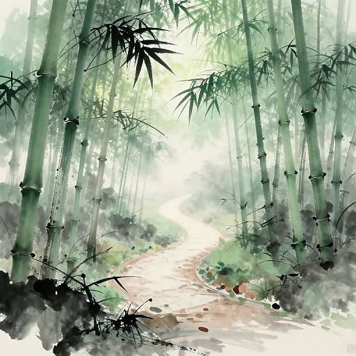 Serene Bamboo Forest Path in Ink Wash Style