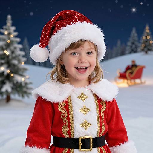 Photograph of a smiling young girl in a red Santa outfit with white fur trim, black belt, and Santa hat, standing in a snowy nighttime forest