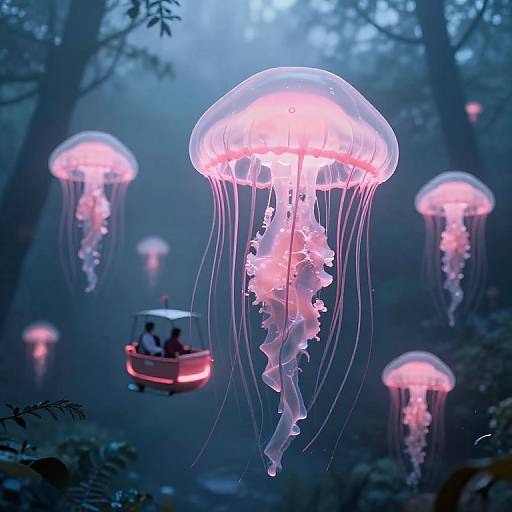 Ethereal Jellyfish Carriages Above Forest