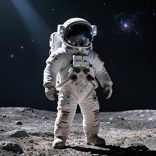 Photograph of a NASA astronaut in a white space suit standing on a rocky lunar surface, illuminated by a beam of light against a dark, star-filled