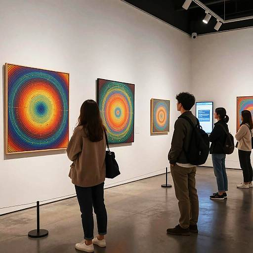 Photograph of four people in an art gallery, viewing colorful, hypnotic, circular paintings on white walls. They stand with backs to the camera,