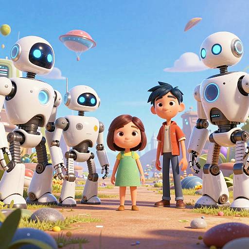 CGI image of a brown-haired girl in a green dress and a black-haired boy in a red jacket, standing with four white robotic figures on a