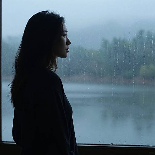 Silhouetted woman with wet hair stands in profile by a rain-streaked window, gazing at a foggy, serene lake landscape.