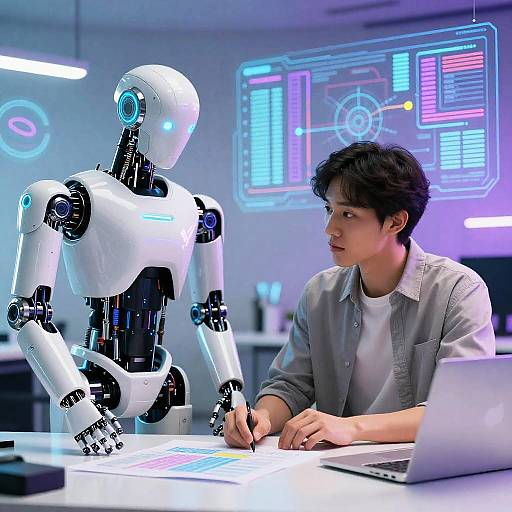 Photograph of an Asian man in a gray shirt, interacting with a white, glowing robotic humanoid in a futuristic, neon-lit lab.