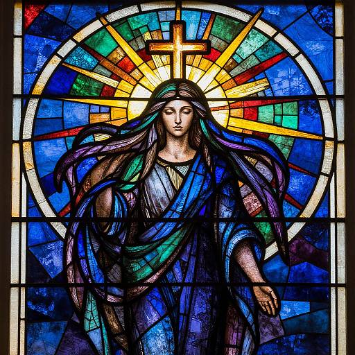 Stained glass depiction of a serene, long-haired, dark-haired woman with a radiant halo, wearing a blue and green robe, centered against a vibrant