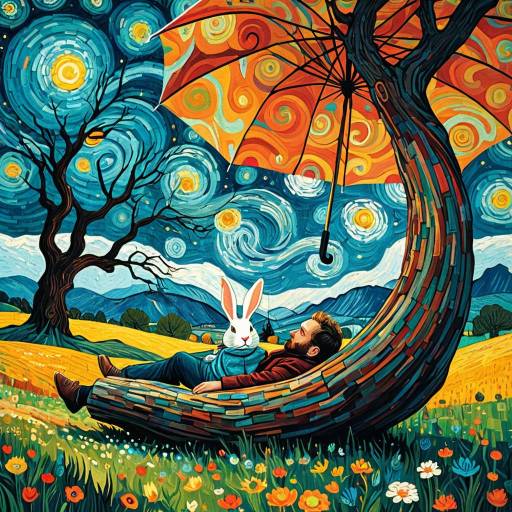 Man Relaxing Under Umbrella with Rabbit in Van Gogh Style