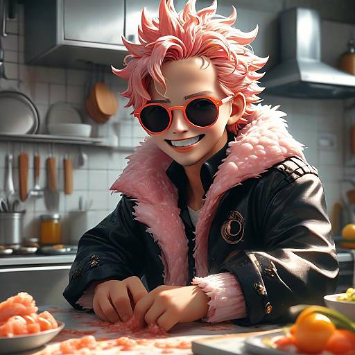 Digital anime-style portrait of a pink-haired man with red sunglasses, black jacket with pink fur, smiling while chopping fruit in a modern kitchen.