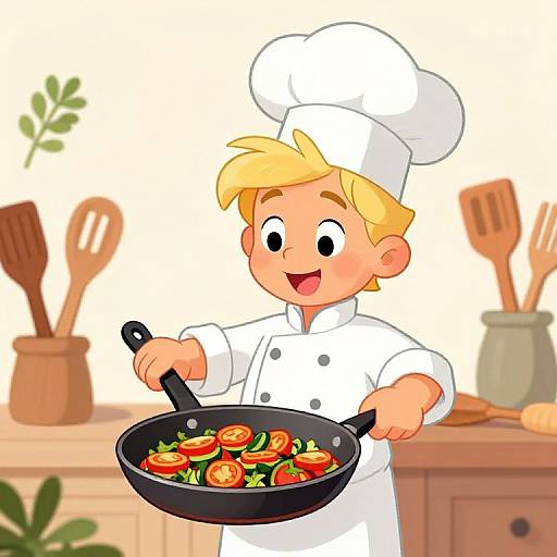 Cartoon child chef with blond hair, white uniform, and hat, proudly holds a black frying pan with colorful vegetables. Kitchen background with wooden utensils