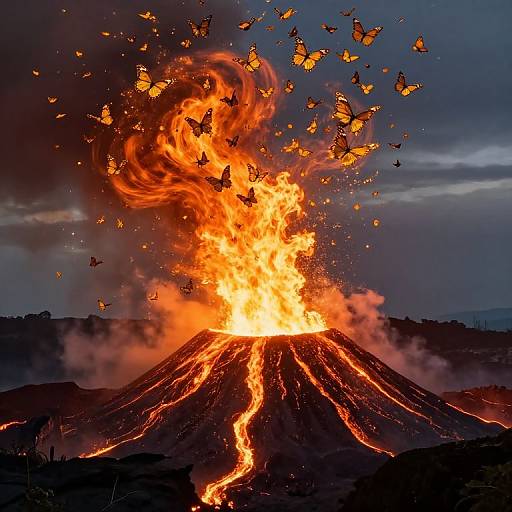 Photograph of a volcanic eruption with bright orange and yellow flames, molten lava flowing down, and glowing embers and ash swirling into the dark,