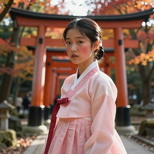 Photorealistic Hanbok Girl in Torii Tunnel