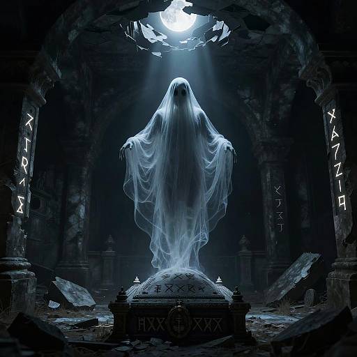 Digital art: Ghostly figure with translucent, flowing cloak stands atop an ancient, tomb-like pedestal in a dark, ruined temple with runes. Moonlight