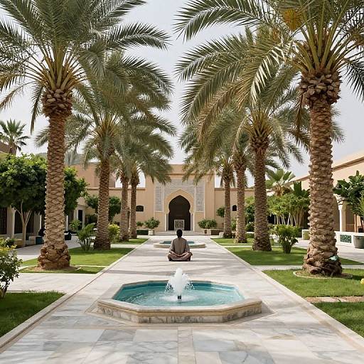 Photograph of a man sitting cross-legged by a small blue fountain, surrounded by tall palm trees, in a sunny, courtyard garden.