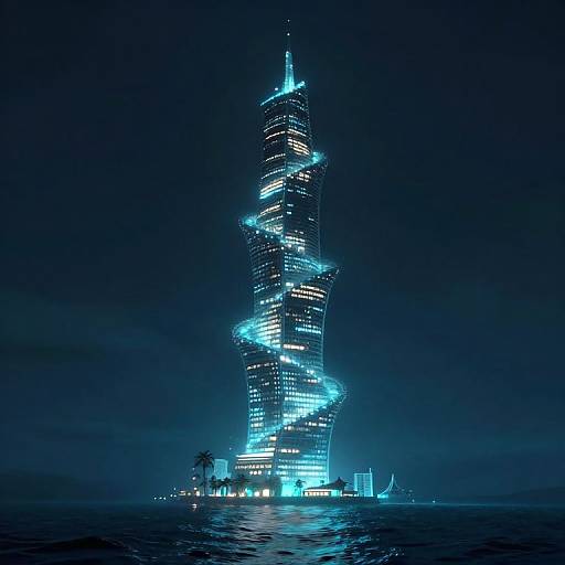 Photograph of the futuristic, illuminated Cayan Tower in Dubai at night, with blue lights spiraling up the tall, sleek skyscraper against a dark