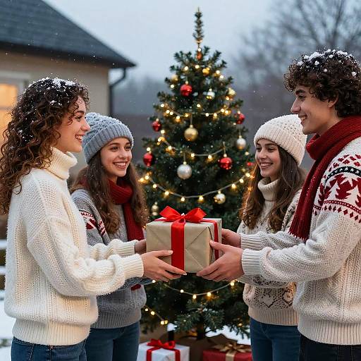 Joyful Christmas Gift Exchange Outdoors