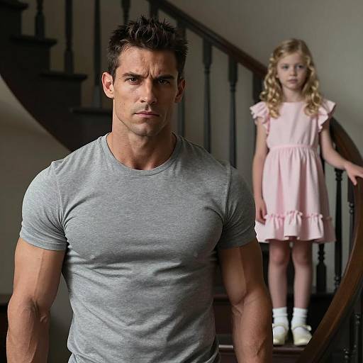 Muscular Man and Young Girl on Staircase