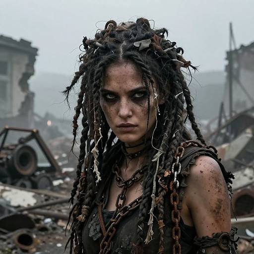 Photograph-like CGI of a grimy, dark-skinned woman with dreadlocks and black makeup, standing in a ruined, post-apocalyptic cityscape