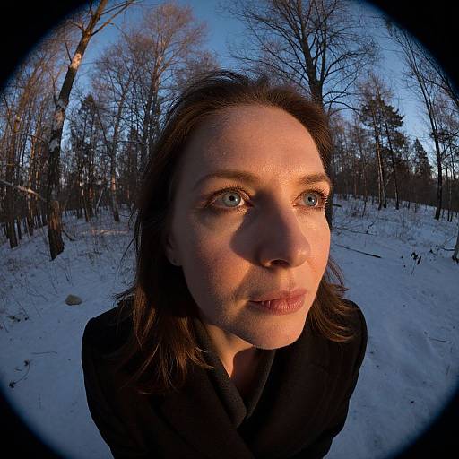 Photograph of a fair-skinned woman with blue eyes, brown hair, in a black coat, standing in a snowy forest at dusk. Warm light