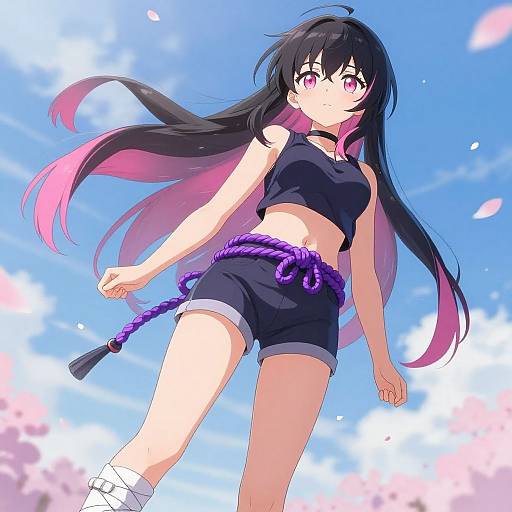 Anime-style digital illustration of a black-haired girl with pink-tipped hair, wearing a black crop top and shorts, purple rope, under a bright blue