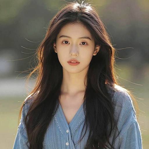 Photograph of an Asian woman with long black hair, wearing a blue button-up shirt, standing outdoors with sunlight highlighting her hair.