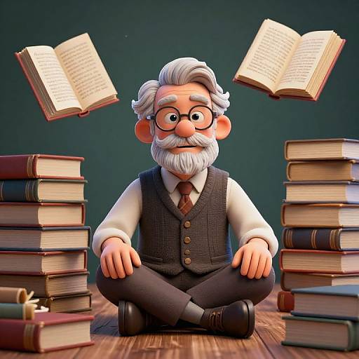 Whimsical 3D Elderly Librarian Scene
