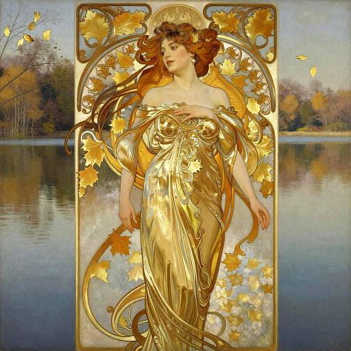 Mucha-Style Gilded Evening Lakeshore Portrait