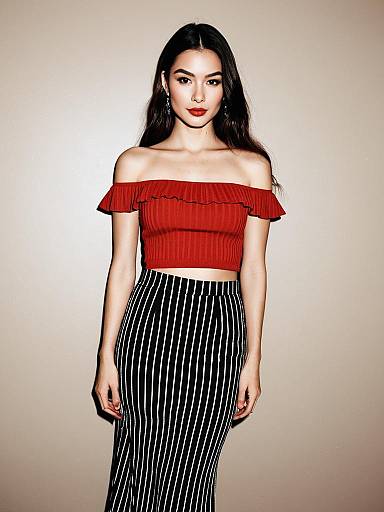 Woman in Red Crop Top and Striped Skirt
