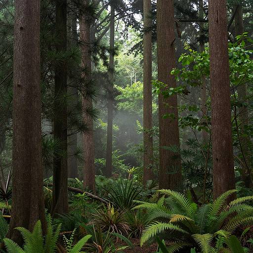 Photograph of a dense forest with tall, straight redwood trees, lush green ferns at the base, and sunlight filtering through the canopy, creating