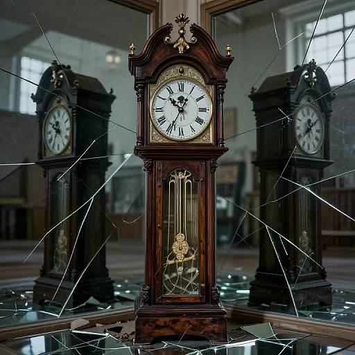 Photograph of a cracked, antique wooden clock with a white face, gold accents, and mirrored reflections in a dimly lit room.