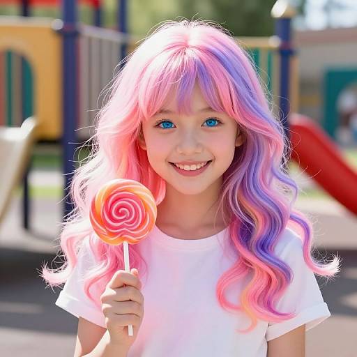 Photograph of a young girl with vibrant pink and purple wavy hair, blue eyes, smiling, holding a large pink swirl lollipop, wearing a