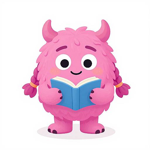 Cute pink, fluffy, horned cartoon creature with black eyes and a smile, reading a blue book, standing against a white background.
