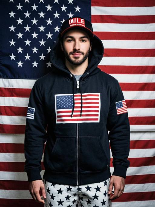 Man Wearing American Flag Hoodie and Star Print Pants