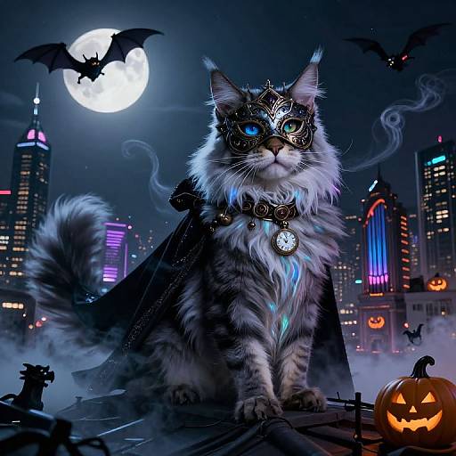 Digital artwork of a blue-eyed, fur-covered cat wearing a black mask, cape, and collar, sitting on a rooftop under a full moon, with