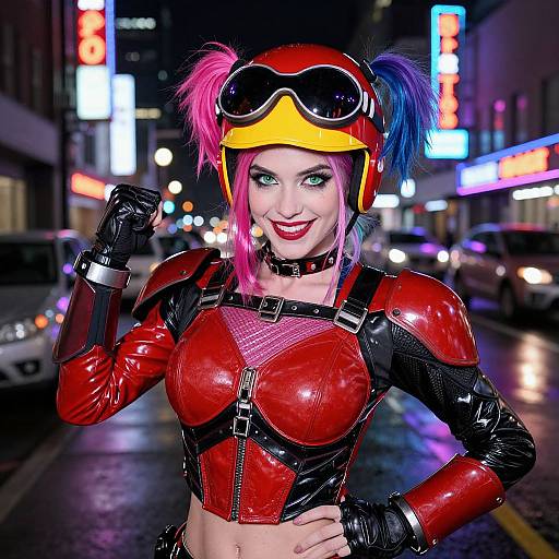 Photograph of a woman in a vivid red and black latex Harley Quinn costume with pink and blue pigtails, yellow helmet, and black gloves,