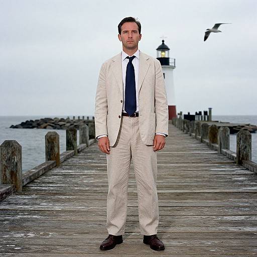 Photograph of a serious man in a white suit and navy tie standing on a wooden pier with a lighthouse and seagull in the background.