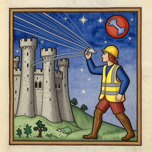 Illustration of a construction worker in yellow helmet and vest, aiming water gun at red moon with bone, against medieval castle backdrop.