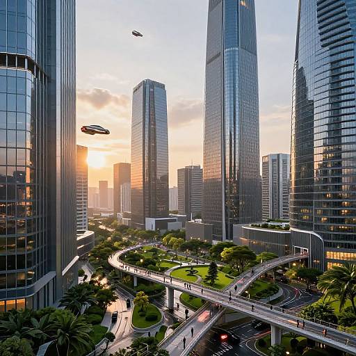 Digital art of futuristic cityscape at sunset, featuring towering glass skyscrapers, flying cars, winding highway, green park, and orange sky.