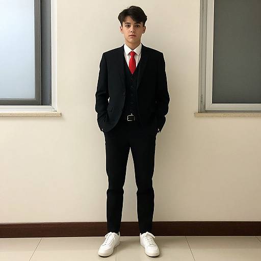 Photograph of a young man with short dark hair, wearing a black suit, white shirt, red tie, and white sneakers, standing against a white