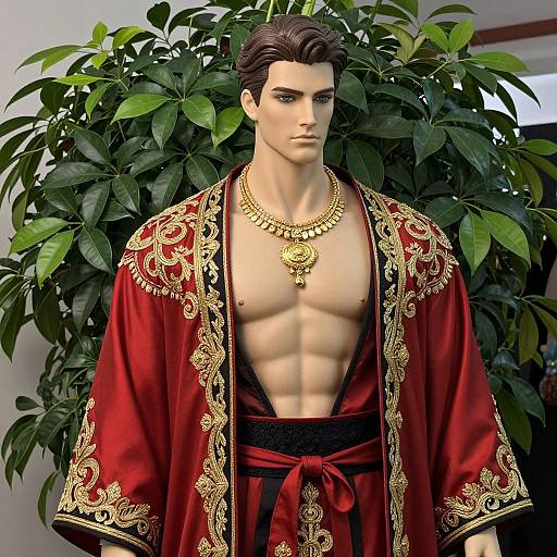 Digital artwork of a handsome, muscular man with short brown hair, wearing a red, gold-embroidered robe and ornate necklace, standing in