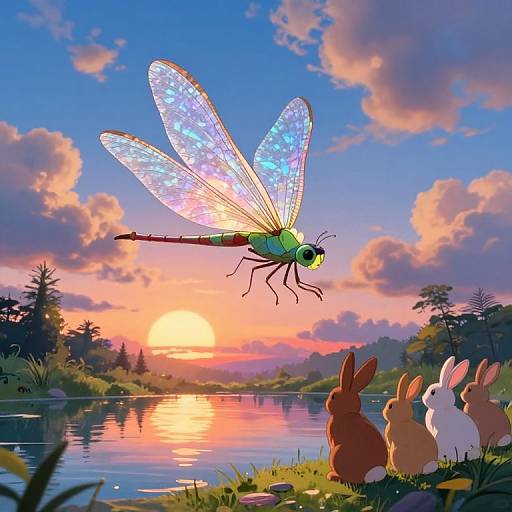 Digital artwork of a vibrant, iridescent dragonfly soaring over a serene lake at sunset, watched by three rabbits on the grassy shore.
