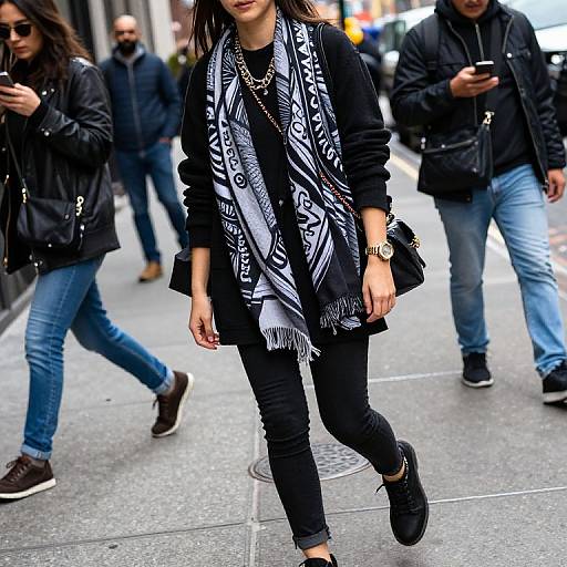 Photograph of a stylish woman with black outfit, patterned scarf, and black boots walking on a busy urban street with blurred pedestrians.