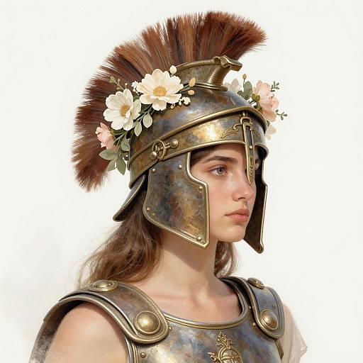 Digital artwork of a young woman with pale skin and brown hair, wearing an ancient Greek-style helmet adorned with white flowers and a brown plume, and