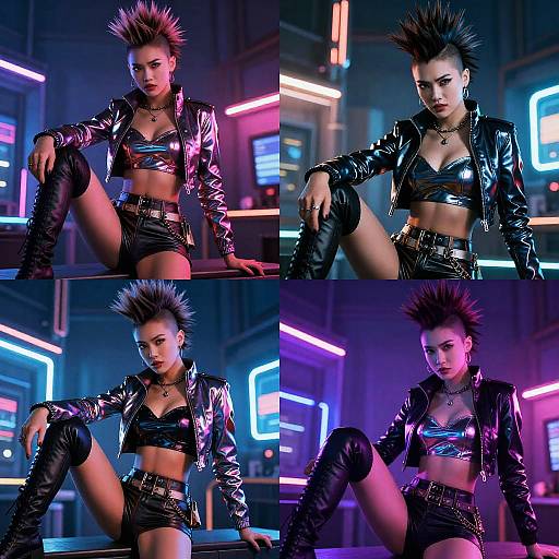 CGI image of a punk-rock inspired woman with spiky hair, neon-lit background, wearing a black leather crop top, shorts, and thigh